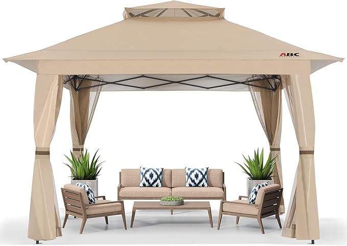 ABCCANOPY 13x13 Pop Up Gazebo, Outdoor Canopy Tent, Instant Screened Shelter with Mosquito Netting for Patio, Garden, Backyard, Party, Camping (Khaki)
