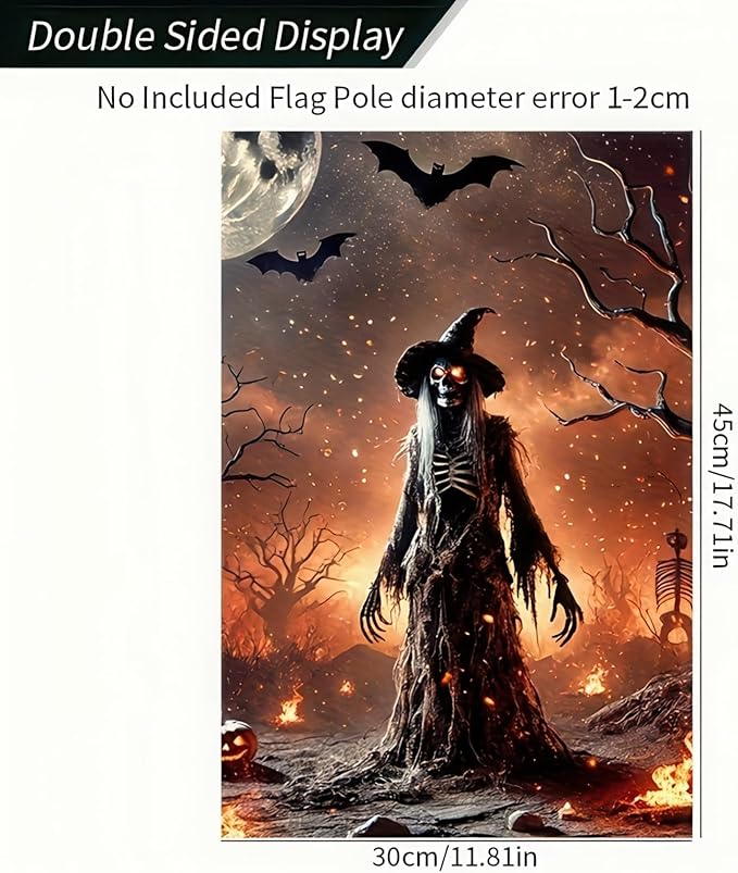 Witch Halloween Garden Flag 12x18 Double-Sided Spooky Bats Scary Skeleton Witch Garden Flag Outdoor Lawn Fall Decoration Banner Holiday Seasonal Yard Flag