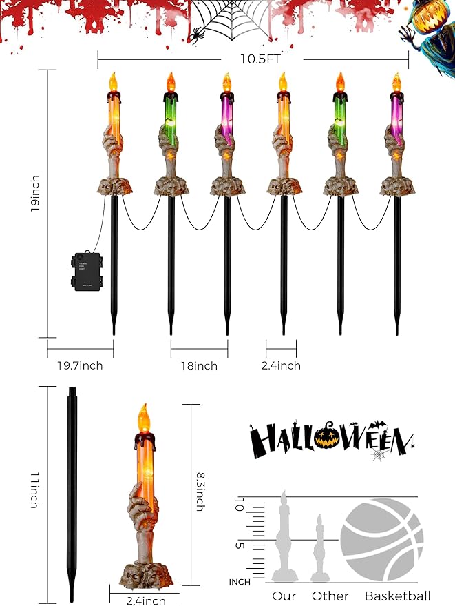 Halloween Decorations, 6 Pack Skeleton Hands Hold Lighted Candle Stakes, Waterproof Battery Operated Pathway Decor with Timer, Light Up for Tabletop Indoor Outdoor Party Lawn Yard Garden Warm White