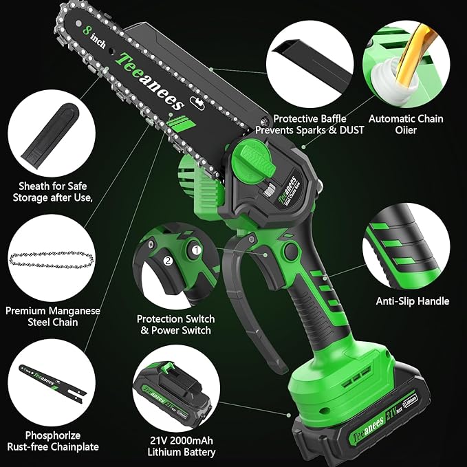 Mini Chainsaw Cordless, 8 Inch & 6 Inch Portable Electric Chain Saw with 2 Battery 8 Chains, Auto Oiler, Battery Powered Small Handheld Saw for Wood Cutting, Tree Trimming, Garden(Green)