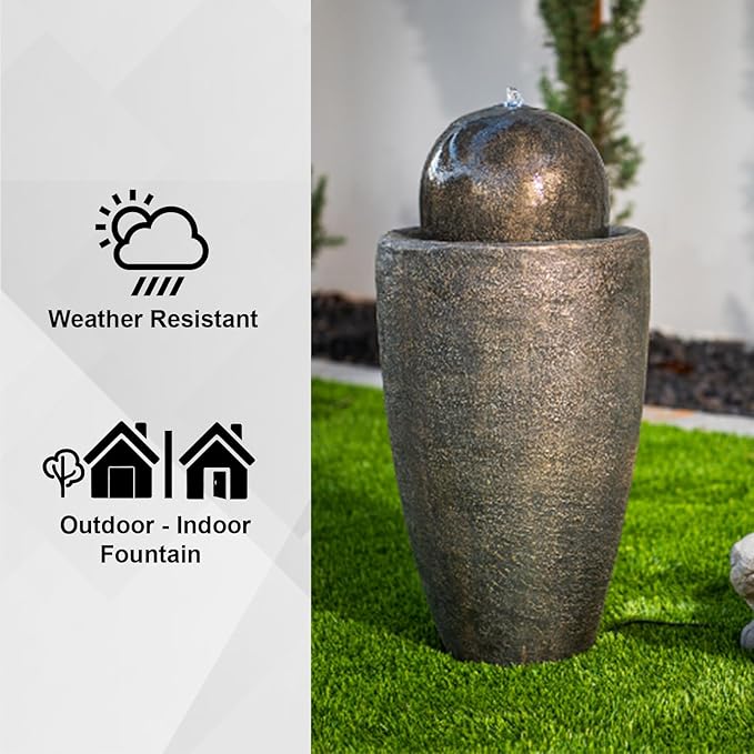 XBrand 25.98" H Round Stone Indoor/Outdoor Modern Stone Textured Sphere Water Fountain w/LED Lights, Ball Water Fountain Decor, Garden Sphere Fountain, Patio Fountain, Outdoor Fountain, Bronze