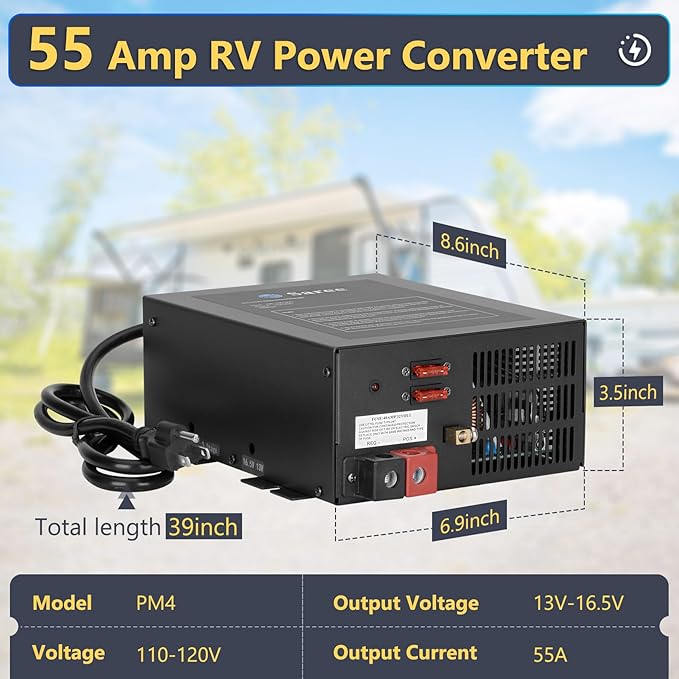 RV Converter 55Amp RV Power Converter Built-in 4 Stage Smart Battery Charger for 110VAC to 12VDC RV Power Converters, Fully Adjustable Output from 13V to 16.5V