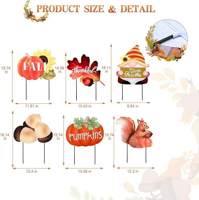 WONDER GARDEN Fall Yard Stakes Yard Signs, 6 PCS Metal Thanksgiving Garden Stakes with Pumpkin, Gnome, Maple Leaf, Chestnut and Squirrel for Harvest,Outdoor, Lawn,Farmhouse Decorations