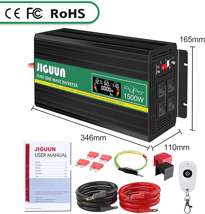 JIGUUN Pure sine Wave Inverter 1500W, 12V to 110V Power Inverter Converter with 4 AC sockets, USB Output and LED Display for RV Camping Emergency Household appliances (PRO1500WLCD)