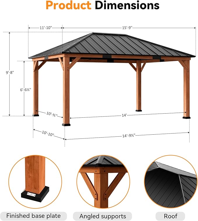 Modern Shade Tranquil Grove Wood Gazebo 12' x 16', Permanent Grill Gazebo with Galvanized Steel Hardtop Roof, Cedar Framed Wooden Pavilion for Garden, Backyard