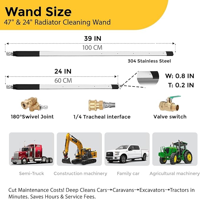 24 Inch Radiator Cleaning Wand, 4500 PSI Stainless Steel Radiator Cleaner Wand with Quick Connector, Dual Water & Air Blow Gun Adapter for Trucks, RVs, Heavy Equipment Pressure Washer