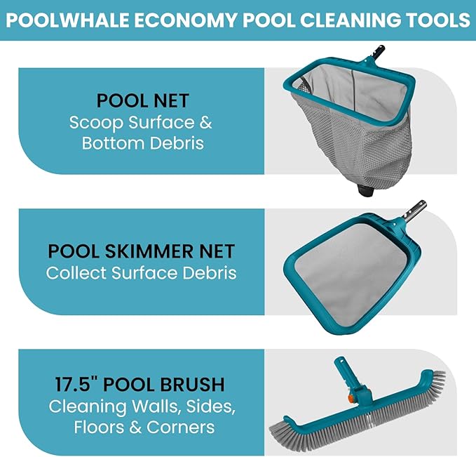 Economy Swimming Pool Cleaning Kit - Fine Mesh Deep Pool Rake & Leaf Skimmer Net, Rotatable Pool Brush Head for Cleaning Above Ground & Inground Pools (No Pole)