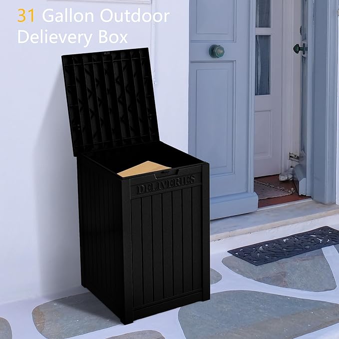 55GAL Black Outdoor Deck Box with Lock - SGS - Certified UV Protection, Weatherproof for All - Season Use, Great for Storing Tools and Small Items, Easy to Assemble