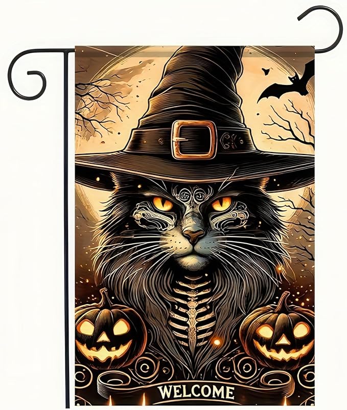 Halloween Garden Flag - Cat Witch Hat, 12x18 Inch Double-Sided Vertical Fall Holiday Outdoor Decorative Flag for Porch, Lawn, Garden
