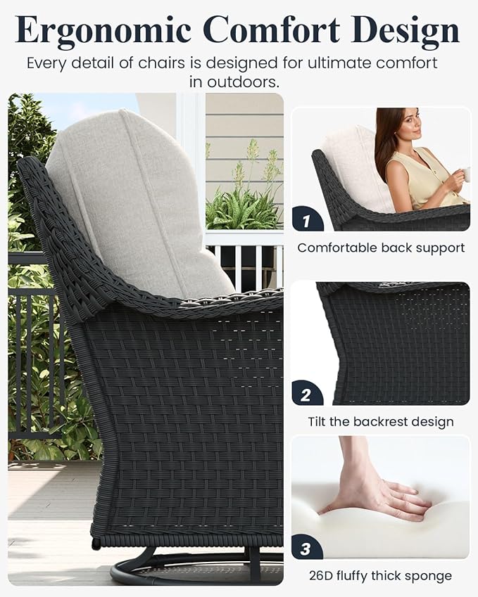 LayinSun 5 Piece Wicker Outdoor Furniture Set with 6-inch Comfy Cushions, High Back Patio Furniture Set with Swivel Rocking Chairs and Side Table