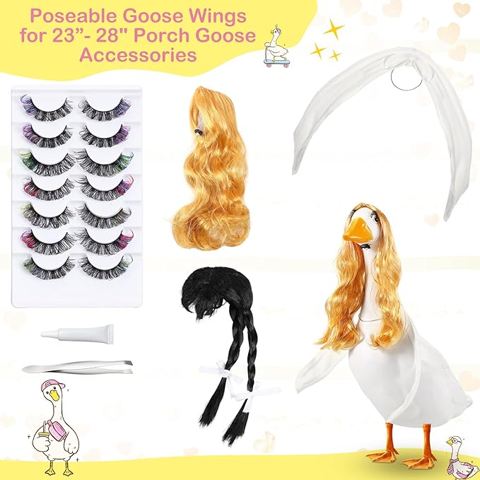 Aliceset 6 pcs Porch Goose Wings with Wigs Eyelash Cute Goosey Braid Wigs PoseAble Wings Reusable 3D Salon Eyelashes with Color for 23/17'' Outdoor Patio Yard Lawn Art Decoration (Elegant)