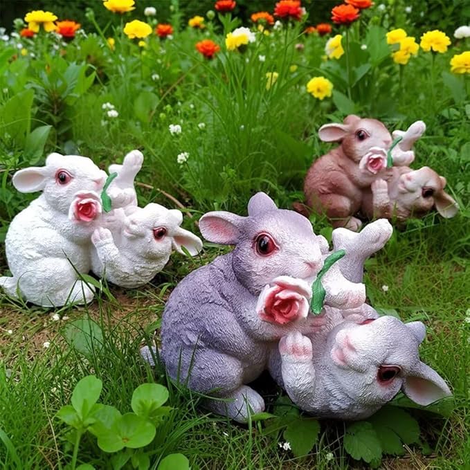 Garden Statues Bunny Decor Resin Flower Rabbit Figurine Cute Fairy Garden Decor Outdoor Statues for Patio Yard Porch Balcony Gifts for Women Mom Grandma Grey
