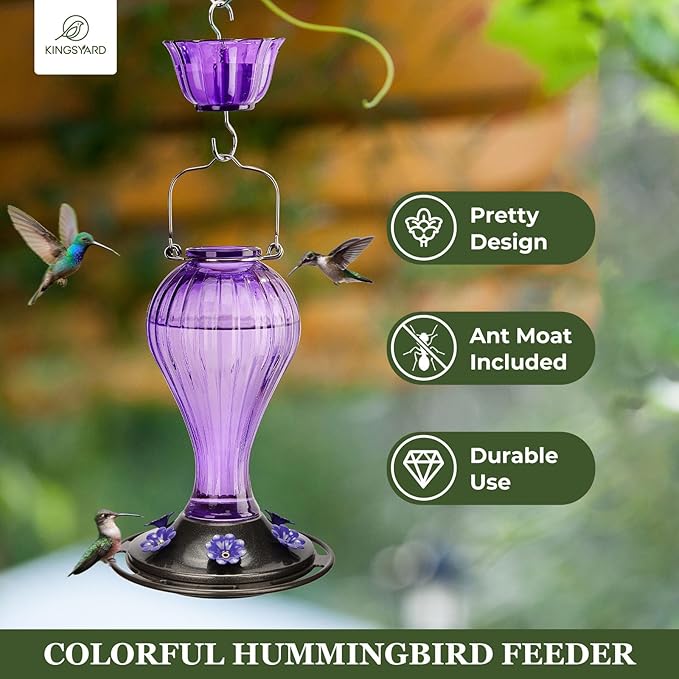 Kingsyard Glass Hummingbird Feeder 24 Ounces, 6 Feeding Ports, Hanging Bird Nectar Feeder for Outdoors Garden Yard Décor, Ant Moat Included, Purple