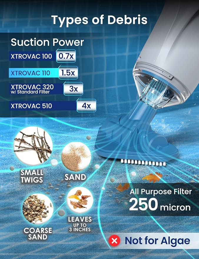 KOKIDO Rechargeable Handheld Hot Tub Spa Pool Vacuum, IPX8, Aluminum Pole and 2 Brush Heads, Ideal for Inflatable, Above Ground & Pools up to 20ft, 60-min Cordless Spot Cleaning Sand and Debris XV110