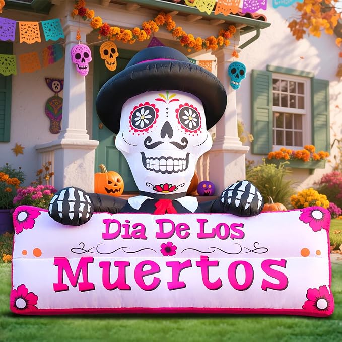 DomKom 6FT Halloween Inflatable Blow Up Decorations, Dia de Los Muertos Day of Dead Banner, Build-in LED Lights Holiday Blow Up Yard Decoration for Halloween Party Outdoor Garden Yard Lawn Decor