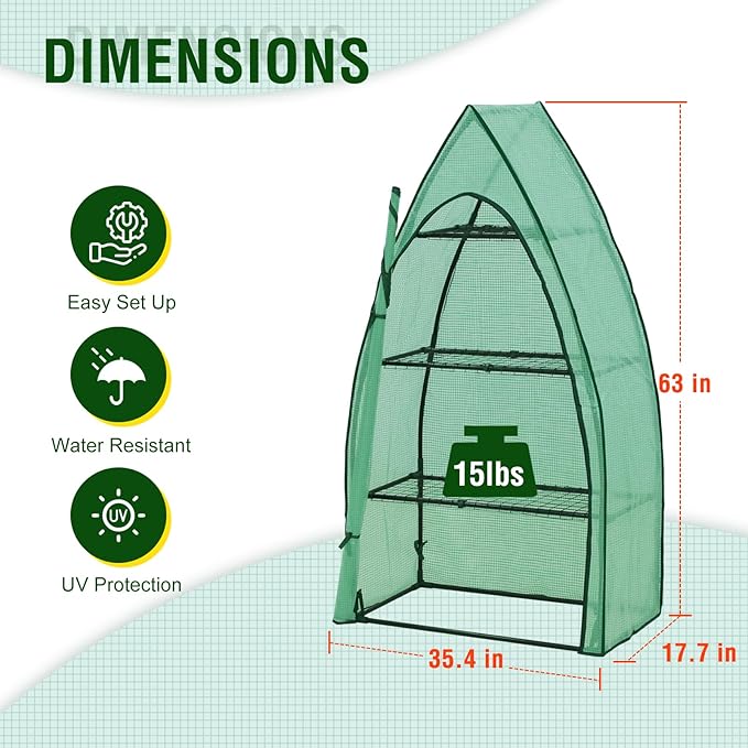 EAGLE PEAK 4-Tier Mini Greenhouse Portable Green House with Shelves & Weather-Resistant PE Cover, Small Greenhouse for Seedlings & Gardening Gifts, 35x18x63 in, Clear/Green