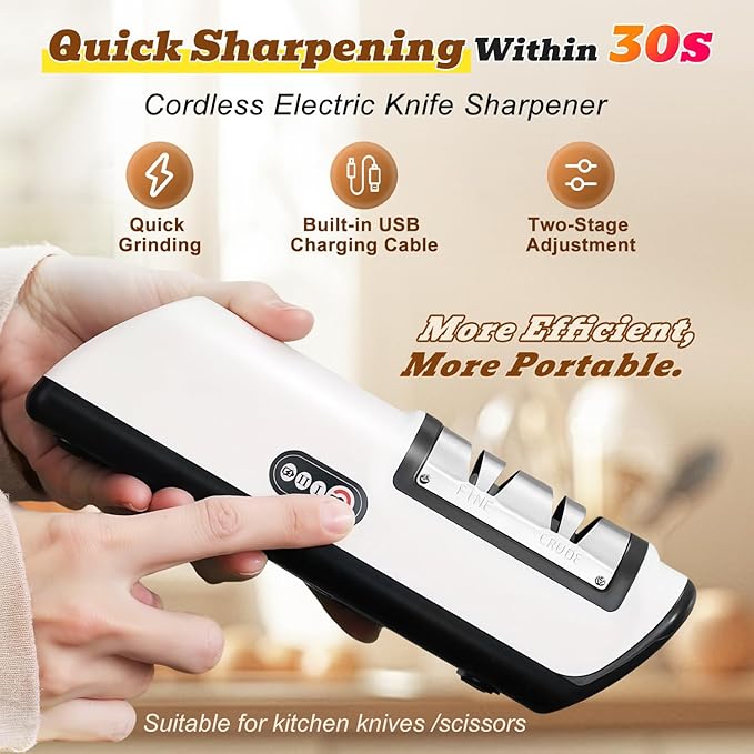 Rechargeable Electric Knife Sharpener, Compact Cordless Knife Sharpener with Diamonds for Steel Knives and Fruit Knife, 2 Stage Automatic Knife Sharpening Helps Restore & Polish Blades Quickly