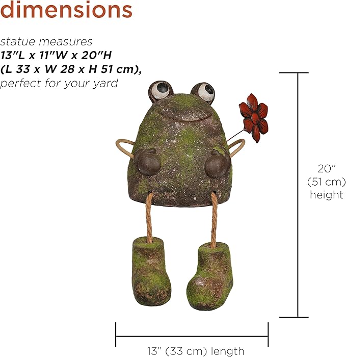 Alpine Corporation MCC834 Indoor/Outdoor Frog with Flower Garden Statue, Playful Frog Statue for Yard, 20" H, Green