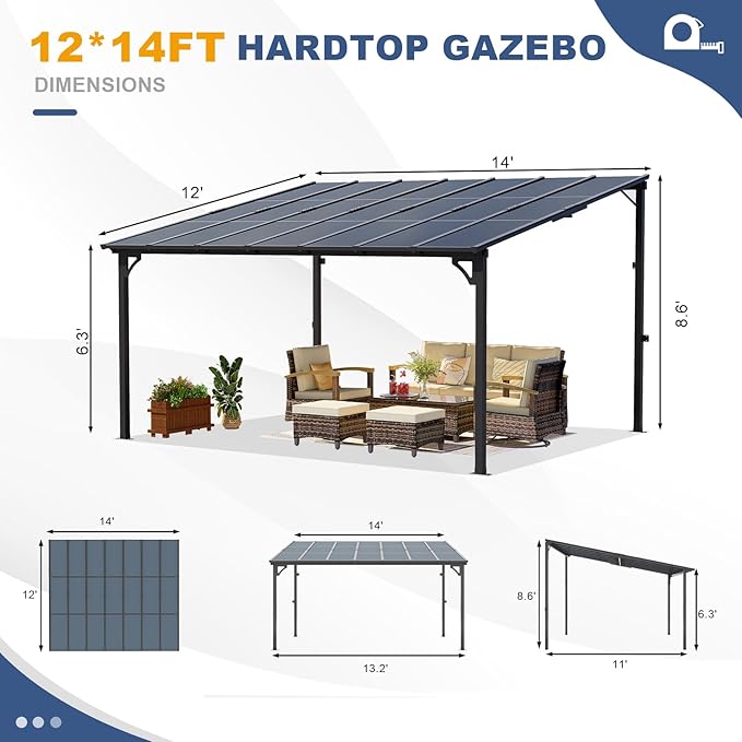MEISSALIVVE 12' x 14' Wall Mounted Lean to Metal Awning Sloped Roof Patio Backyard Deck, Black