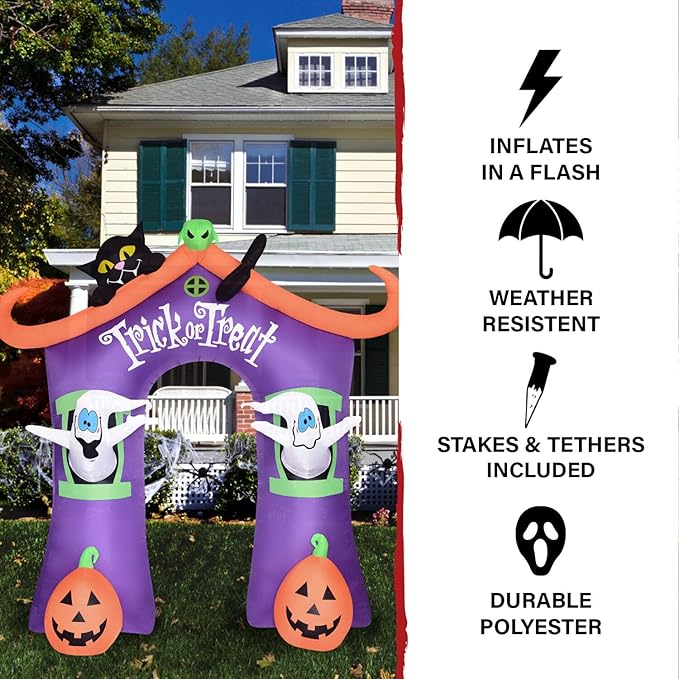 Haunted Hill Farm 9-Ft. Pre-Lit Trick or Treat Walkway Arch Inflatable Yard Decor with Black Cat, Jack-O-Lantern, and Ghost, Halloween Outdoor Blow-Up, Festive Outdoor Decorations for Patio and Yard