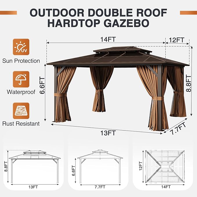 JolyDale14'x12' Hardtop Gazebo, Outdoor Polycarbonate Double Roof Pavilion with Aluminum Frame, Netting, and Curtains, Ideal for Patios, Gardens, and Backyards