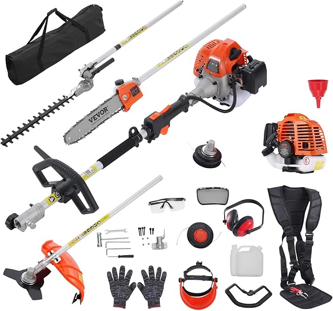 VEVOR 5-in-1 26cc 2 Cycle Gas Powered Dual Sided Hedge Trimmer, Weed Eater, String Trimmer, Edger, Pole Saw Chainsaw Pruner with EPA, CE and EMC Certification