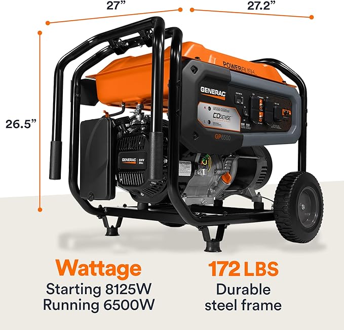 Generac 8,125 Starting Watt Portable Gas Generator - Electric Start - Includes Extension Cord - Home or RV Ready - Quiet, Long Runtime, Emergency Power - 49-State Compliant