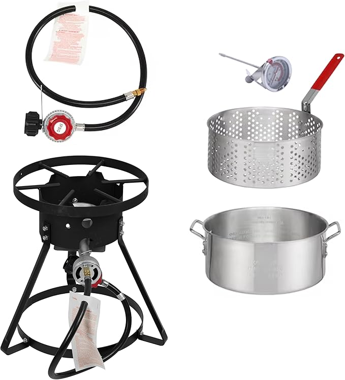 Red Mountain Valley 10.5-Quart Outdoor Propane Fish Fryer with Aluminum Filter Basket and Thermometer for frying fish, wings, 50,000 BTU Gas Propane Deep Fryer, 0-5 PSI Regulator, Full CSA Approved