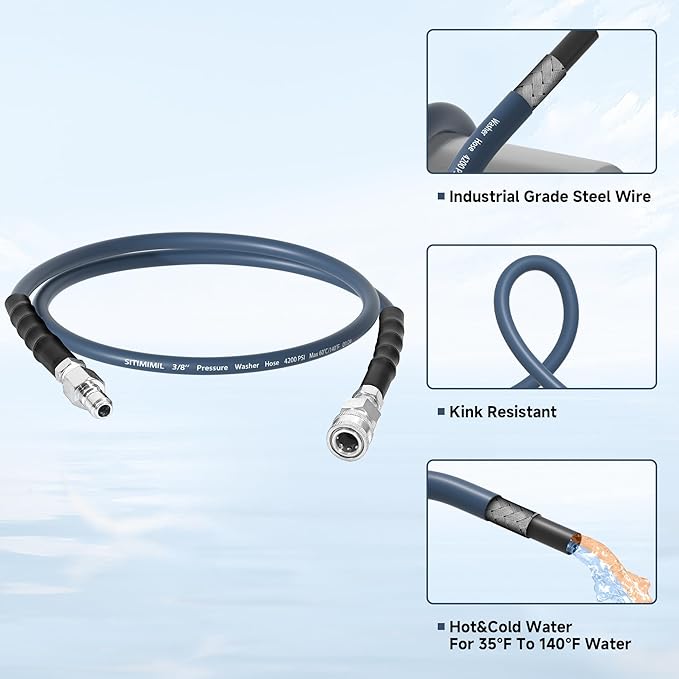 Pressure Washer Whip Hose 5FT 3/8'' pressure washer hose 5FT with Steel Wire Braided,Hose Reel Connector for Power Washer,Suitable for Ryobi,Troy Bilt,Greenworks,Simpson(4200PSI)