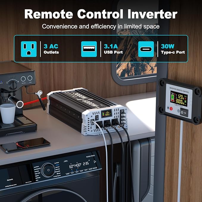 3000 watt Pure sine Wave Inverter, 12V DC to 110V AC Power Inverter, Used for Solar Emergency Power Supply in RV Homes, with 3 AC Output sockets, USB Port, Type-C Port, Remote Control with LCD Screen