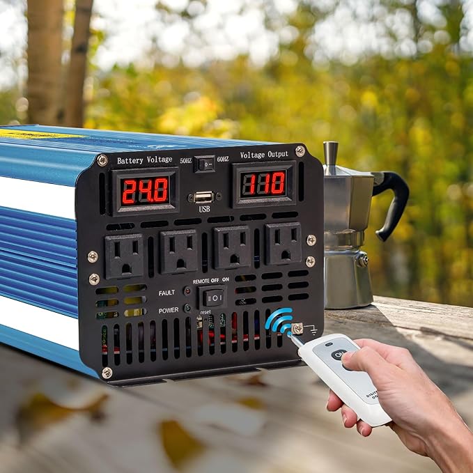 Yinleader 4000W Pure SINE Wave Power Inverter DC 24V to 110V/120V AC Converter w/Wireless Remote Control LED Display 1 USB Port, 4 AC Outlets for RV Truck Solar System Emergency