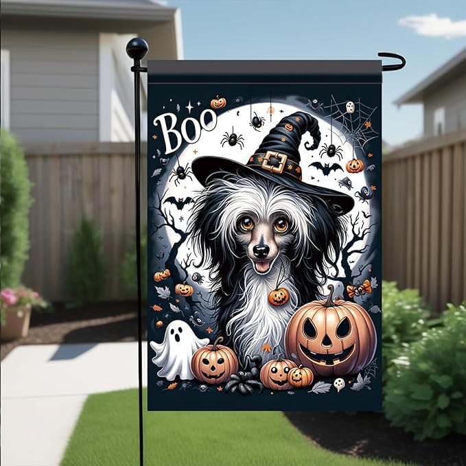 Halloween Garden Flag Chinese Crested Dog Flag 12x18 Inch Boo Pumpkin Yard Banner Double Sided Outdoor Trick or Treat House Decoration for Lawn Porch Patio Holiday Fall Decor