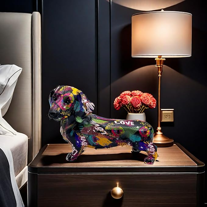 FUNSXBUG Colorful Dachshund Dog Statue Art Figurines Sculpture Collectibles Home Office Desktop Decor Outdoor Garden Display Decoration (Dachshund Dog 4)