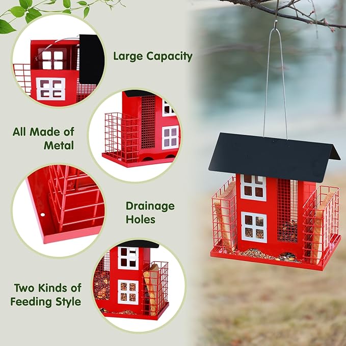 Metal Bird Feeders for Outdoors Hanging with 2 Suet Cage Cake Squirrel Proof Hanging Suet Feeder Large Capacity Wild Bird Feeder Easy Clean&Anti-Rust Attracting Birdhouse Red