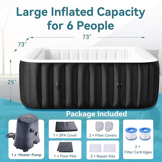 4-6 Person Inflatable Hot Tub, Large Square Blow Up Portable Hot Tub, Leak-Proof PVC Outdoor Spa with 130 Air Jets, Insulated Cover and Heater Pump, 73” X 73”X 25”