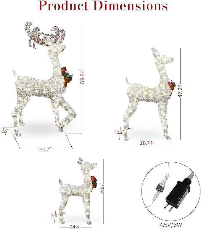 Lamerge Lighted Reindeer Family Set of 3, Christmas Decorative Deer with Red Bow and Ground Stake, Indoor or Outdoor Christmas Holiday Decoration for Yards Lawn Patio -White