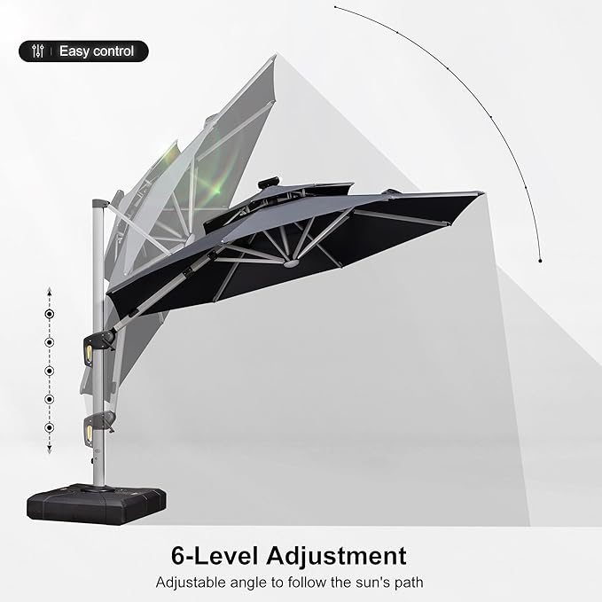 PURPLE LEAF 10ft Solar powered LED Patio Umbrella Outdoor Round Umbrellas Large Cantilever Umbrella with LED lights Windproof Offset Heavy Duty Sun Umbrellas for Garden Deck Pool Patio, Grey