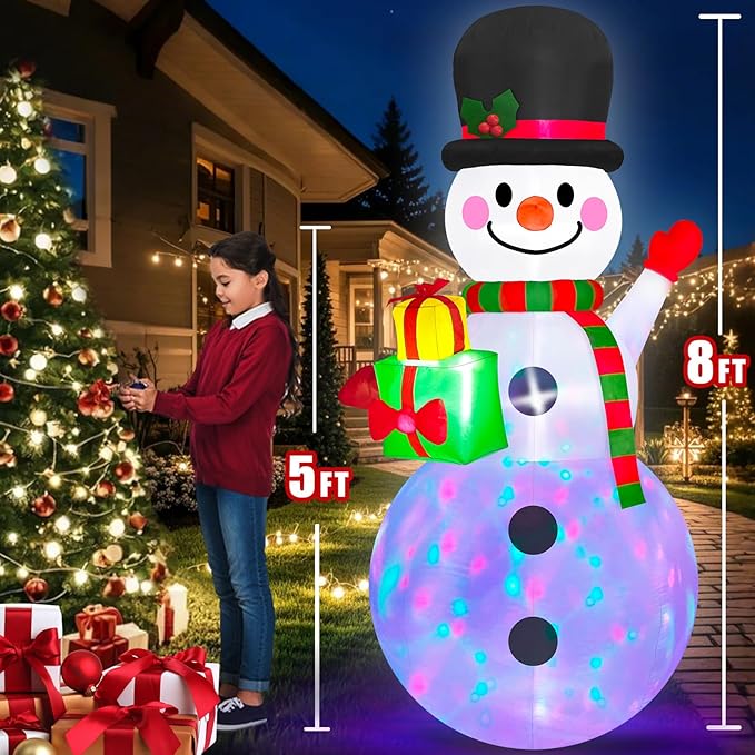 Danxilu 8 FT Christmas Inflatable Snowman Outdoor Decoration, Built-in Colorful LED Lights Xmas Inflatable Snow Man with Gift Box Blow Ups Yard Decoration for Outside Garden Lawn Holiday Party Decor