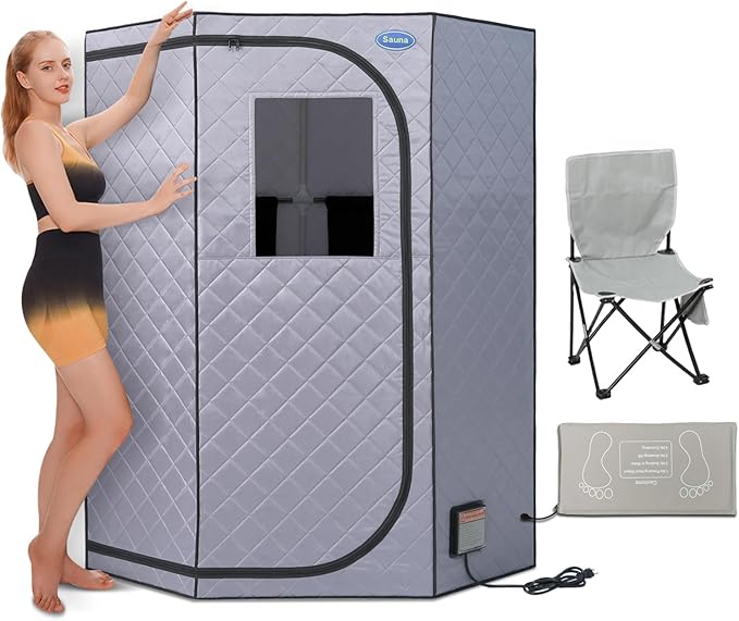 Portable Full Size Infrared Sauna for Home,Pentagonal Size Far Infrared Sauna,One Person Sauna Tent with Heating Foot Pad, Portable Chair, (L38 x W38 x H63, Grey)