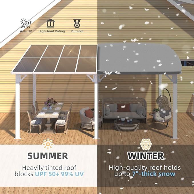 AECOJOY 16' x 8' White Gazebo Outdoor Pergola for Patio, Hard Top Lean to 8x16 Gazebo Shelter Pergolas and Gazebos Clearance with Roof, Large Wall-Mounted Heavy Duty Awnings for Patio