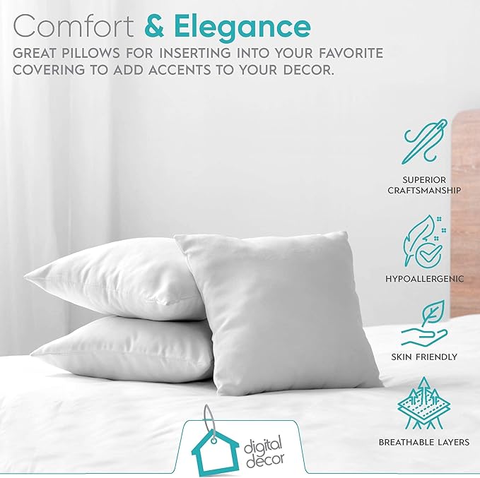 Digital Decor Premium Throw Pillow Inserts Sham - Decorative White Square Form Pillow Inserts - Perfect for Bedroom, Sofa & Couch (2 Pack)