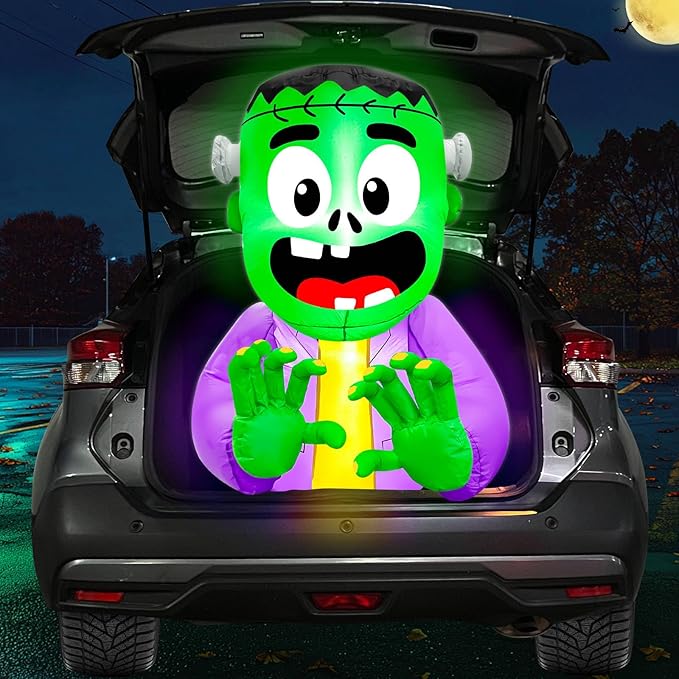 3.5 FT Halloween Inflatable Trunk Or Treat Car Decorations Kit Blow Up Green Zombie Frankenstein with Built-in LEDs, Halloween Car Trunk Or Treat Decorations for SUVs Sedans Yard Outdoor Party Decor