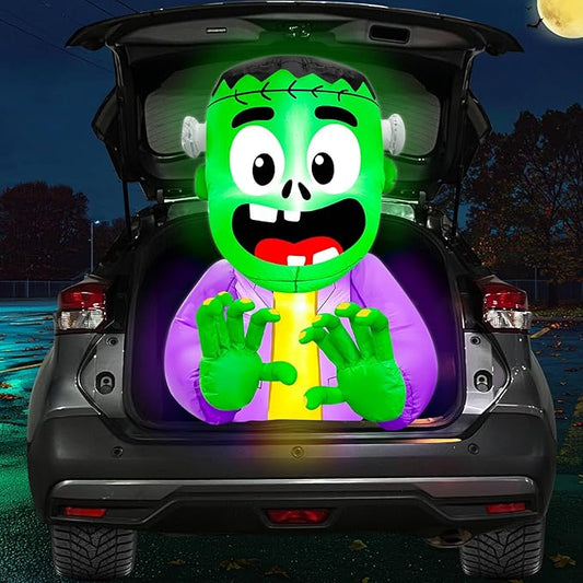 3.5 FT Halloween Inflatable Trunk Or Treat Car Decorations Kit Blow Up Green Zombie Frankenstein with Built-in LEDs, Halloween Car Trunk Or Treat Decorations for SUVs Sedans Yard Outdoor Party Decor