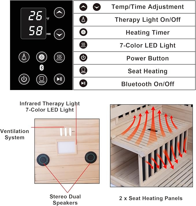 1-Person Home Infrared Dry Sauna Cabin 1600W/110V – Canadian Hemlock Wood, Tempered Glass Door, Red-Light Therapy & Bluetooth Speaker, Easy DIY Assembly, Size 37.1″×35.8″×74″