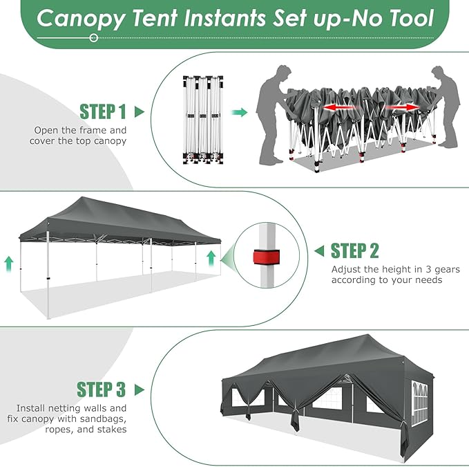 COBIZI 10x30 Pop Up Canopy Party Tents for Parties Waterproof Outdoor Event Shelter with 8 Sidewalls Camping Commercial Wedding Portable Easy to Set up Gazebo Tent for Backyard, Grey