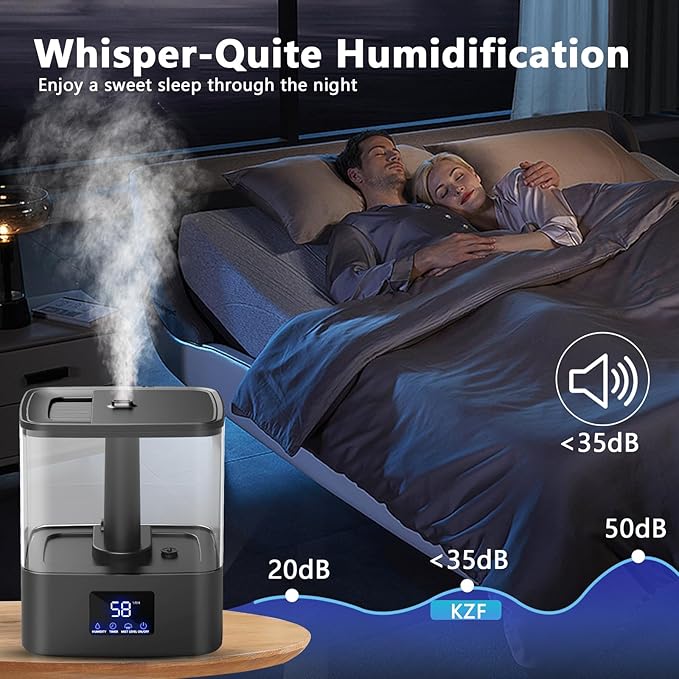 KZF 6L Top Fill Humidifiers for Bedroom & 60H Runtime - Cool Mist Humidifier, 3 Mist Levels, 8H Timer, Essential Oil Tray, Humidity Display, Quiet for Bedroom, Baby, Plants, Large Room