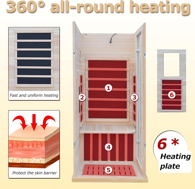 1 Person Infrared Sauna, Hemlock Wooden Indoor Far Infrared Side-Opening Sauna Room,Home Dry Sauna with 6 Infrared Heating Panels Tempered Glass Door,Bluetooth Speakers 7 Chromotherapy Lights（1350W）