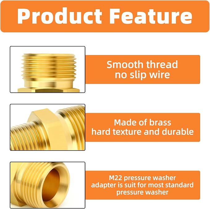 GASHER 2Pcs Brass M22 Pressure Washer Fitting,M22-14mm Male x 3/8"NPT Male Thread Fittings,For Pressure Washer Hose