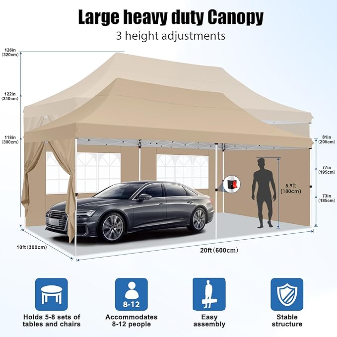 COBIZI 10x20 Pop Up Canopy with 6 Sidewall, Commercial Canopy UPF 50+ Waterproof Outdoor Gazebo with Carry Bag, Tents for Parties with Upgrade Frame, 3 Height Adjustable, Khaki