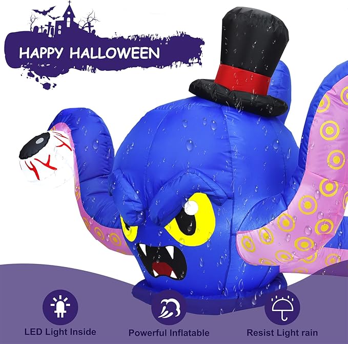 7FT L x 3FT H Halloween Inflatable Octopus Catching Eyeball Halloween Inflatable Giant Sea Monster with Build-in LED Lights, Blow up Halloween Outdoor Indoor Decorations Large Party Yard Decoration